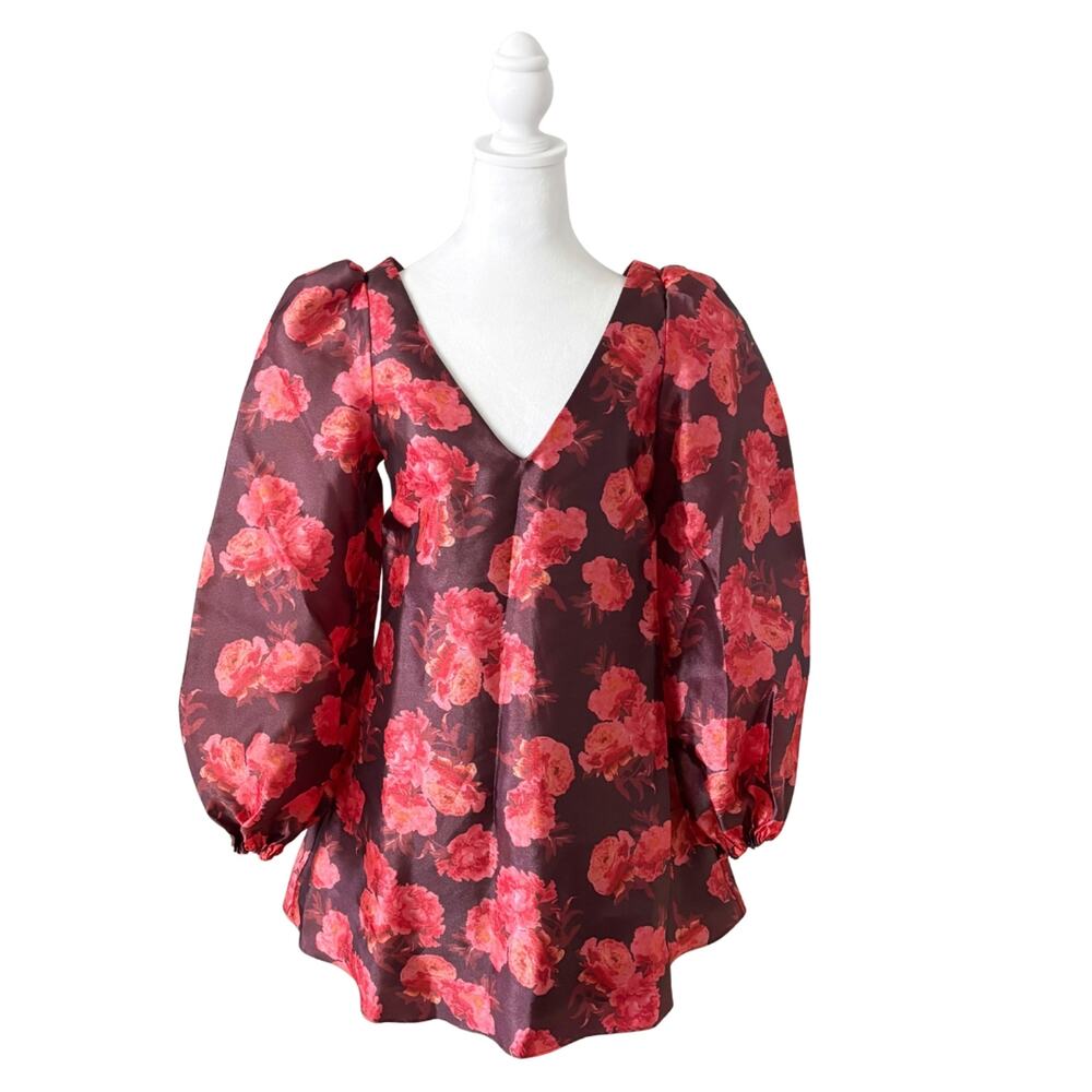 BHLDN Aliana Long Sleeve V Neck Floral Organza Mini Dress XS Red NWT - Picture 2 of 11